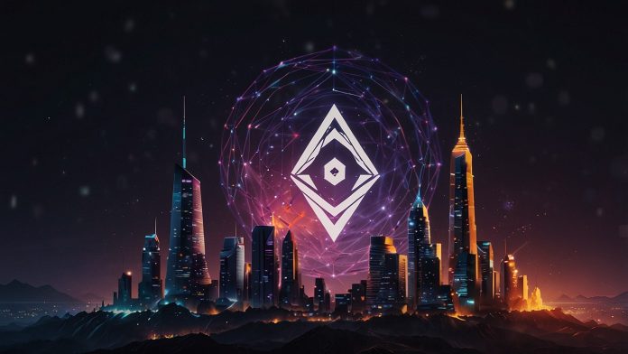 A vibrant digital illustration of the Mantle Network logo with a glowing MNT token, set against a futuristic blockchain background with Ethereum and layer-2 symbols.
