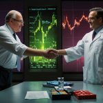 A conceptual illustration of a pharmaceutical deal, showing a handshake between two corporate figures with a backdrop of medical vials and a stock market chart, symbolizing Pfizer's acquisition of Metsera for obesity drug development.