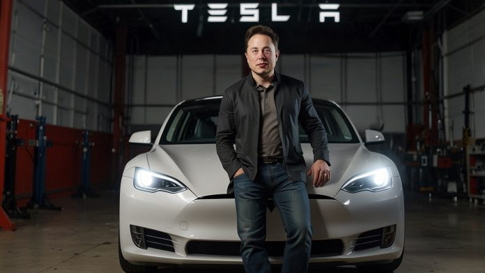Elon Musk stands in front of a Tesla logo with a digital stock chart showing a 3.64% surge, symbolizing the $1 trillion compensation package proposal announced on September 5, 2025.