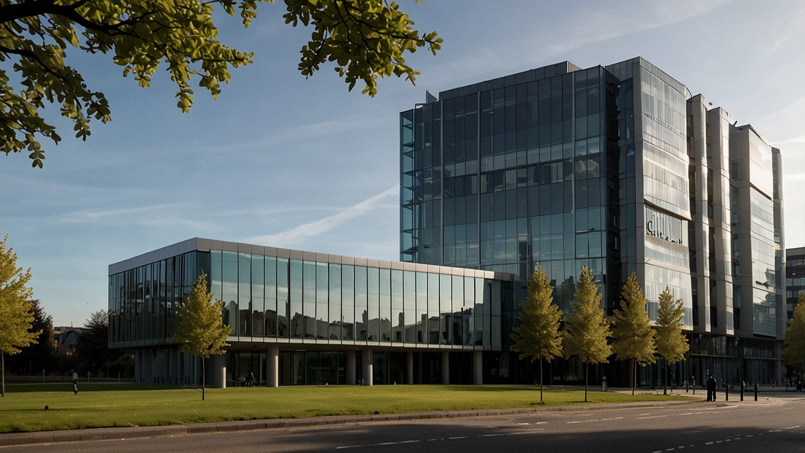 A modern glass building with the AstraZeneca logo prominently displayed, set against a backdrop of the London skyline, symbolizing the company's dual commitment to UK roots and global expansion.