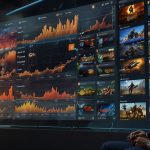 A vibrant stock chart showing Electronic Arts' share price surging with a backdrop of iconic game characters and corporate logos.