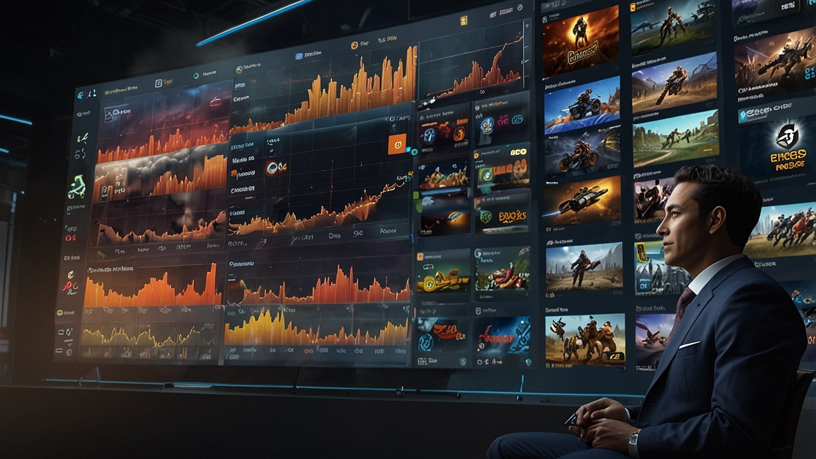 A vibrant stock chart showing Electronic Arts' share price surging with a backdrop of iconic game characters and corporate logos.