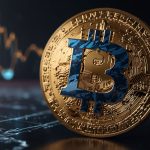 A sleek digital illustration of the USDC logo, glowing with a blue-green hue against a backdrop of Ethereum blockchain patterns and regulatory compliance symbols.