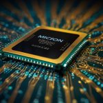 A futuristic semiconductor chip glows on a digital circuit board with a soaring stock chart overlay, reflecting Micron Technology's 8% share surge after record Q4 2025 earnings driven by AI memory demand.