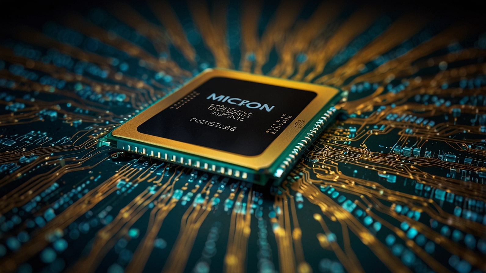 A futuristic semiconductor chip glows on a digital circuit board with a soaring stock chart overlay, reflecting Micron Technology's 8% share surge after record Q4 2025 earnings driven by AI memory demand.