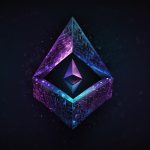 Vibrant Ethereum logo glowing with a blue and purple gradient against a dark digital background, symbolizing blockchain innovation and cryptocurrency.