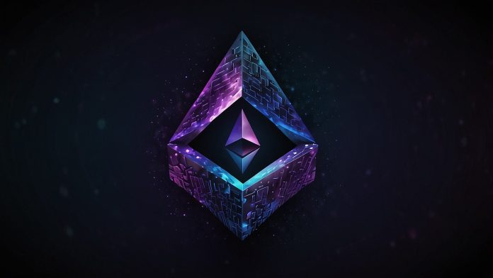 Vibrant Ethereum logo glowing with a blue and purple gradient against a dark digital background, symbolizing blockchain innovation and cryptocurrency.