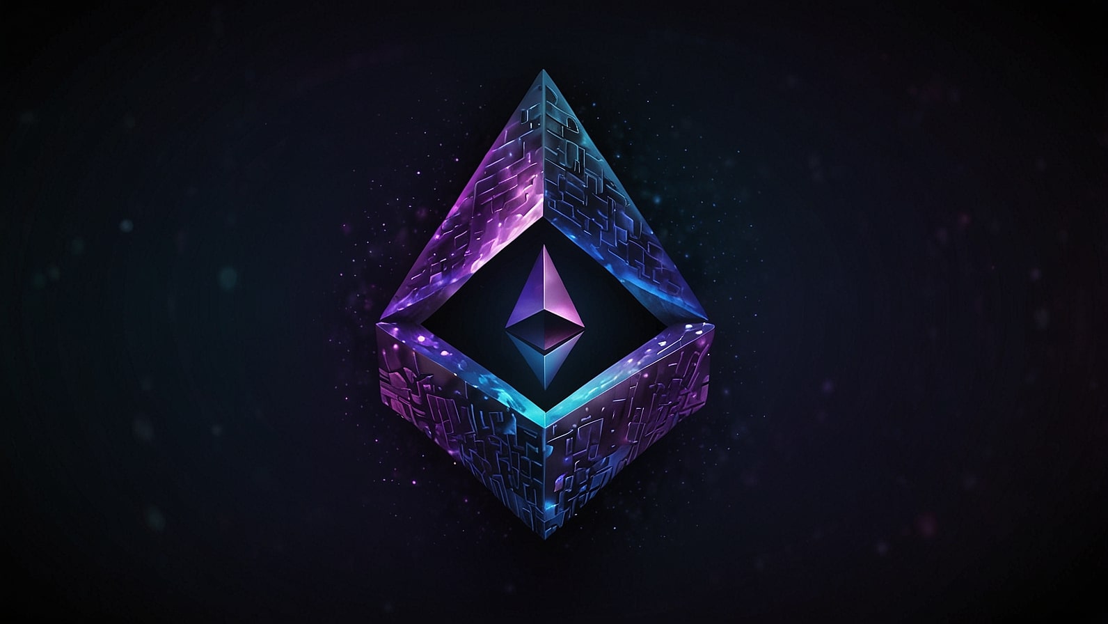 Vibrant Ethereum logo glowing with a blue and purple gradient against a dark digital background, symbolizing blockchain innovation and cryptocurrency.