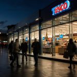 Vibrant exterior of a Tesco Extra superstore in London, bustling with shoppers and illuminated signage, reflecting the retailer's robust performance in a challenging economic climate.