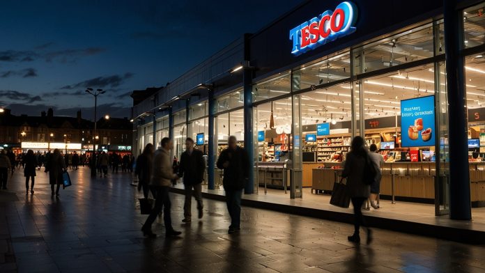 Vibrant exterior of a Tesco Extra superstore in London, bustling with shoppers and illuminated signage, reflecting the retailer's robust performance in a challenging economic climate.