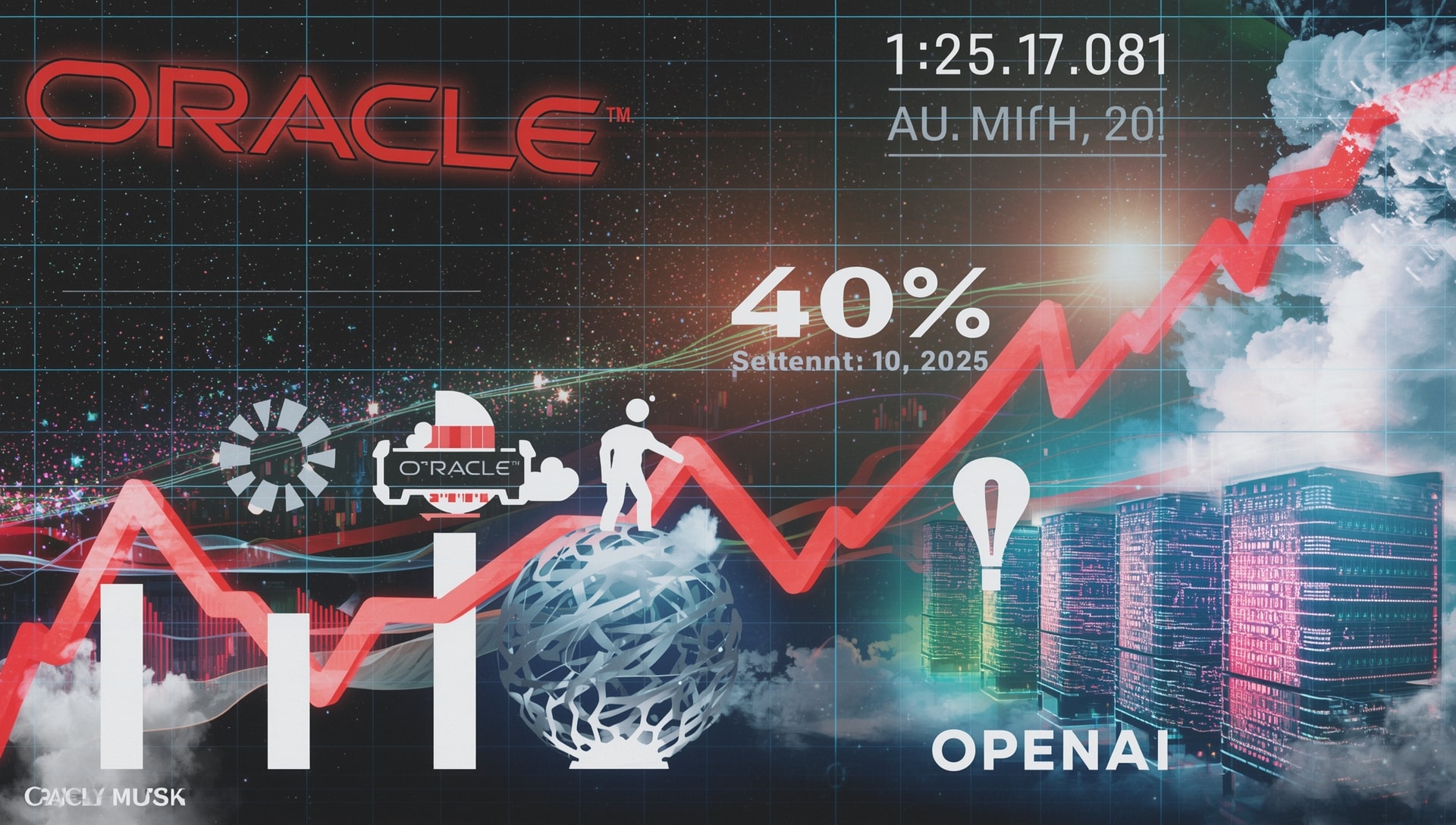 Oracle logo with a rising stock chart and AI data center, highlighting the company’s 40% stock surge and Larry Ellison’s wealth milestone in 2025.