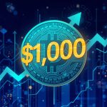 Digital illustration of BNB crypto coin with a glowing $1,000 price tag against a backdrop of rising charts and blockchain symbols.