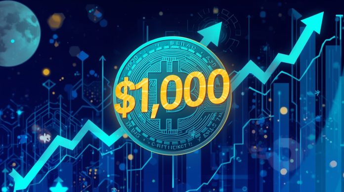 Digital illustration of BNB crypto coin with a glowing $1,000 price tag against a backdrop of rising charts and blockchain symbols.