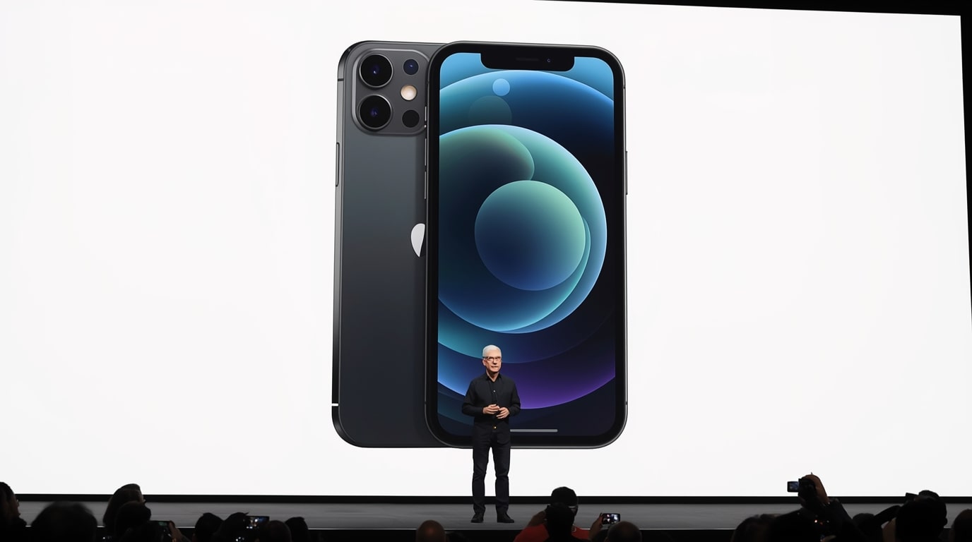 Tim Cook presenting the iPhone 18 on stage at Apple’s Cupertino event, showcasing its AI-powered holographic display.