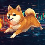 Vibrant digital artwork of the Dogecoin Shiba Inu mascot leaping past a glowing $0.30 price marker, surrounded by ETF charts and blockchain nodes.
