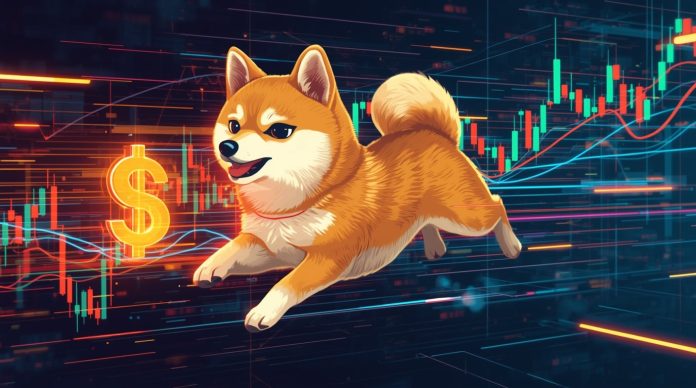 Vibrant digital artwork of the Dogecoin Shiba Inu mascot leaping past a glowing $0.30 price marker, surrounded by ETF charts and blockchain nodes.