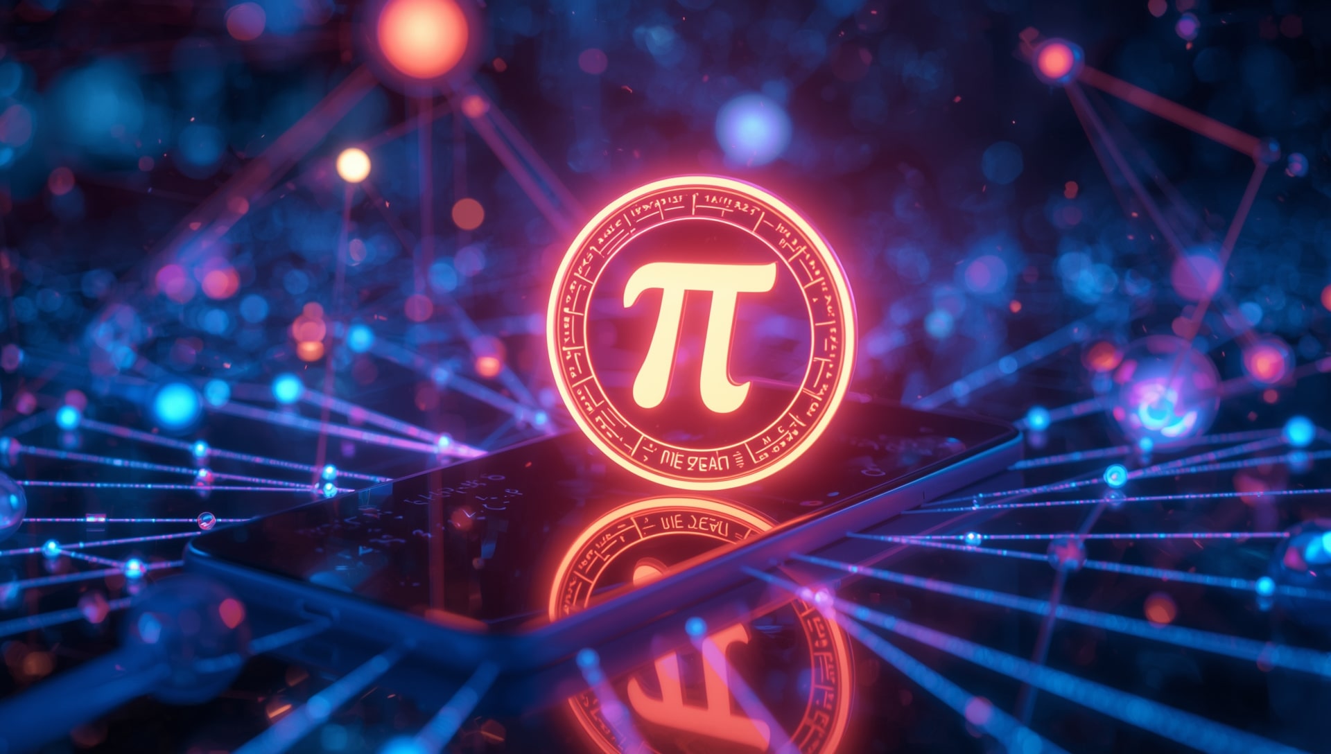 A vibrant digital illustration of the Pi Network logo with a glowing Pi Coin (PI) surrounded by blockchain nodes and a mobile device, symbolizing the 2025 mainnet migration and price surge to $0.38.