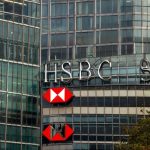 HSBC headquarters in Canary Wharf London with FTSE 100 at 9704 record close and HSBA +5.2% stock surge overlay October 29 2025