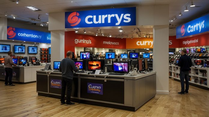 Currys Shares Soar 6% on £50 Million Buyback and Strong Sales Amid UK Retail Revival A bustling Currys electronics store with vibrant displays of laptops and TVs, reflecting the retailer’s strong sales and share buyback announcement boosting investor confidence.
