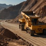 A bustling open-pit mine with heavy machinery extracting ore under a clear sky, representing Fresnillo PLC's strong Q3 2025 production amid rising gold prices.