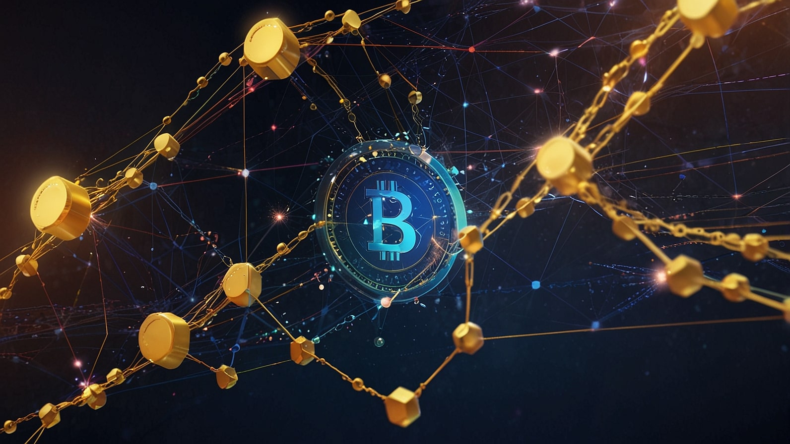 Digital graphic of USDC stablecoin with interconnected blockchain nodes and glowing transaction lines.