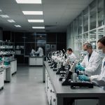 A modern laboratory with scientists in white coats working on radiopharmaceutical research, symbolizing AstraZeneca's acquisition of Fusion Pharmaceuticals for advanced cancer therapies.
