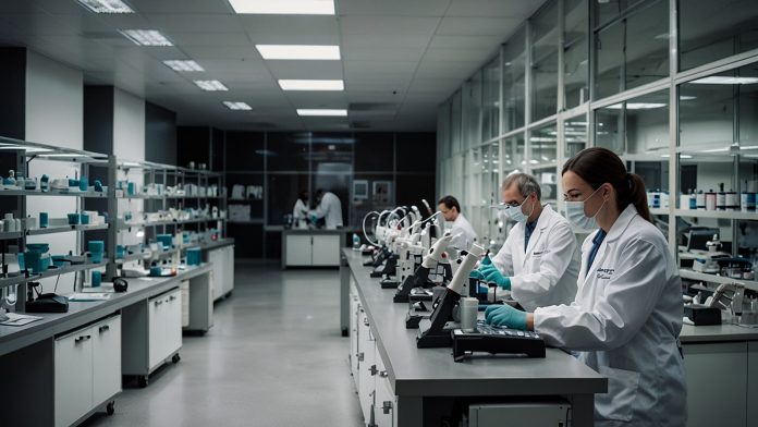 A modern laboratory with scientists in white coats working on radiopharmaceutical research, symbolizing AstraZeneca's acquisition of Fusion Pharmaceuticals for advanced cancer therapies.