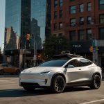 A sleek Tesla Cybertruck drives autonomously through a bustling urban intersection, showcasing advanced Full Self-Driving technology under a clear daylight sky.