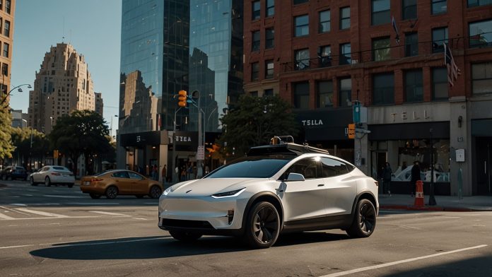 A sleek Tesla Cybertruck drives autonomously through a bustling urban intersection, showcasing advanced Full Self-Driving technology under a clear daylight sky.