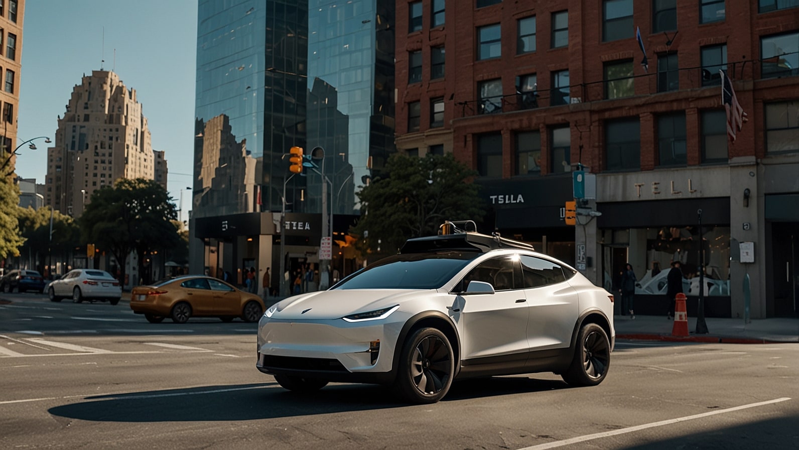 A sleek Tesla Cybertruck drives autonomously through a bustling urban intersection, showcasing advanced Full Self-Driving technology under a clear daylight sky.