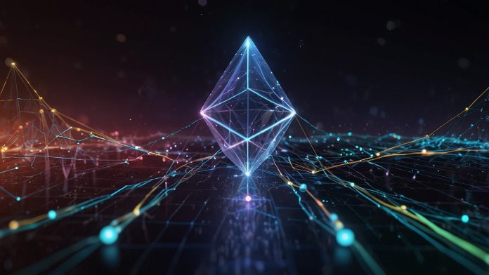 Digital rendering of Ethereum's blockchain ecosystem with interconnected nodes and Pectra upgrade elements.