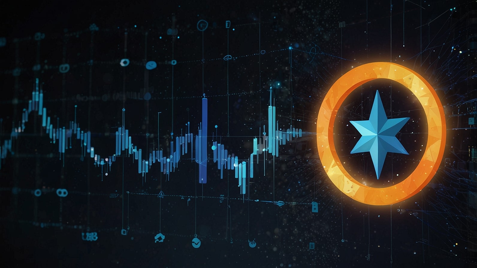 Vibrant Stellar Lumens logo with glowing blue star and financial charts, representing XLM's price rally and institutional adoption.