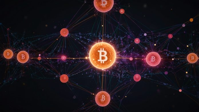 Digital illustration of Polkadot's interconnected blockchain network with glowing nodes and data streams.