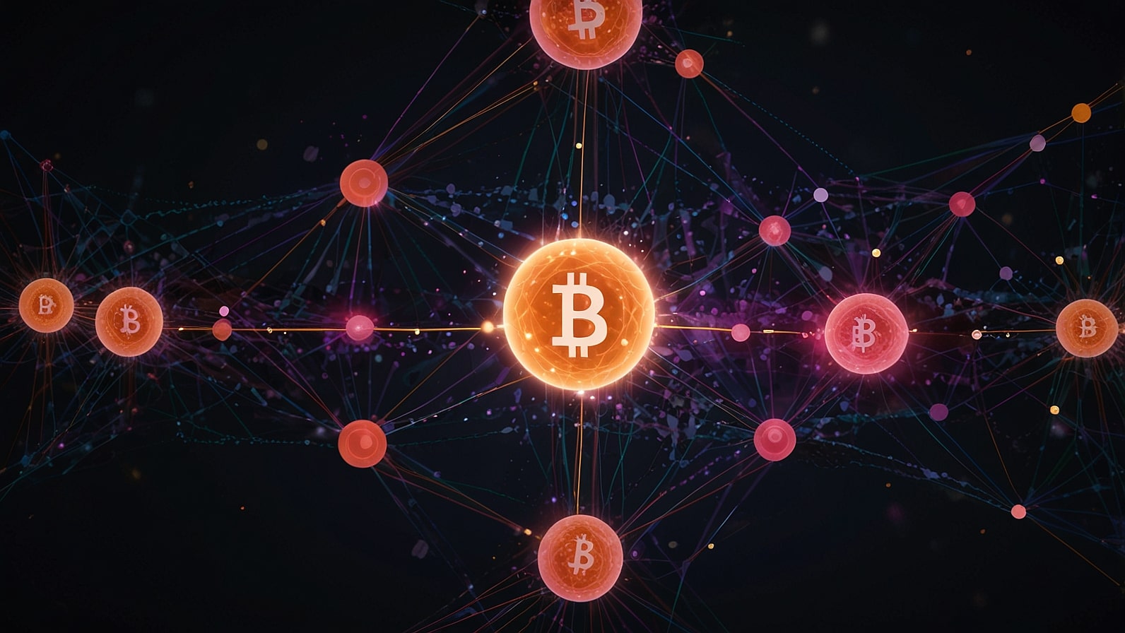 Digital illustration of Polkadot's interconnected blockchain network with glowing nodes and data streams.