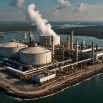 Aerial view of BP’s Tangguh LNG facility in Indonesia, overlaid with a rising stock chart showing a 5.1% share price surge on October 2, 2025, after strong Q3 earnings.