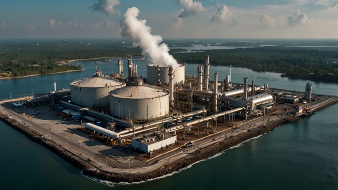 Aerial view of BP’s Tangguh LNG facility in Indonesia, overlaid with a rising stock chart showing a 5.1% share price surge on October 2, 2025, after strong Q3 earnings.