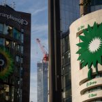 BP headquarters in St James’s Square London with oil rig silhouette and FTSE 100 chart showing BP +2.1% amid Brent crude at $68 October 29 2025