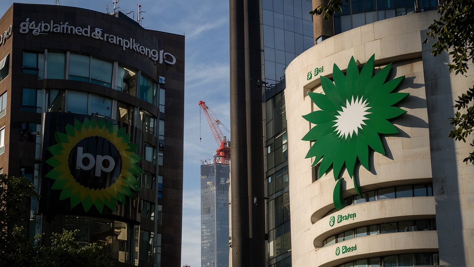 BP headquarters in St James’s Square London with oil rig silhouette and FTSE 100 chart showing BP +2.1% amid Brent crude at $68 October 29 2025