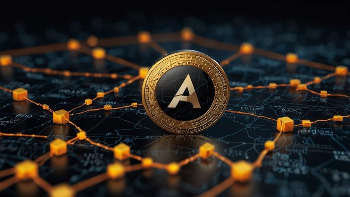 Digital graphic of Aptos logo with a blockchain network, showing APT coin price at $5.31, highlighting BlackRock’s $500M RWA fund and Jump Crypto’s Shelby launch on October 23, 2025, amid bullish crypto market trends.
