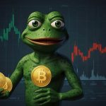 Digital illustration of a green Pepe the Frog meme character holding a cryptocurrency chart, showing PEPE coin price volatility with a bearish dip to $0.000007 amid 2025 market corrections and whale buying signals, symbolizing resilient meme coin trends on October 23.