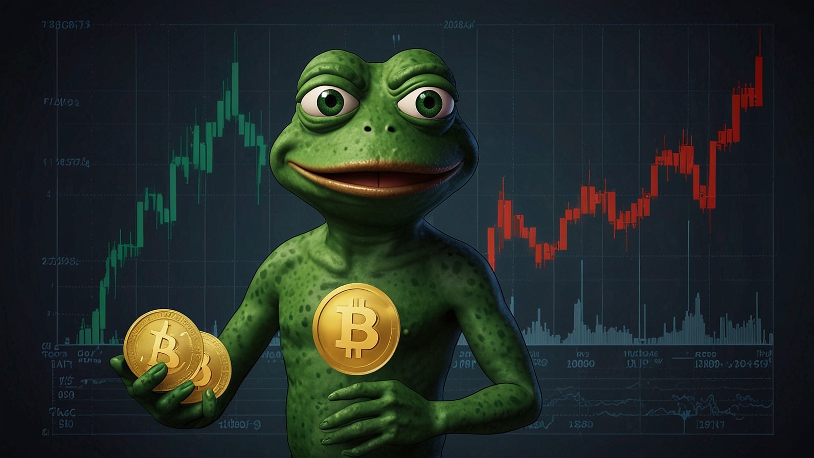 Digital illustration of a green Pepe the Frog meme character holding a cryptocurrency chart, showing PEPE coin price volatility with a bearish dip to $0.000007 amid 2025 market corrections and whale buying signals, symbolizing resilient meme coin trends on October 23.