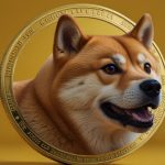 Dogecoin logo on yellow background: Shiba Inu dog meme coin emblem with D-O-G-E text, symbolizing $30B market cap crypto rally amid ETF speculation and macro tailwinds October 29 2025