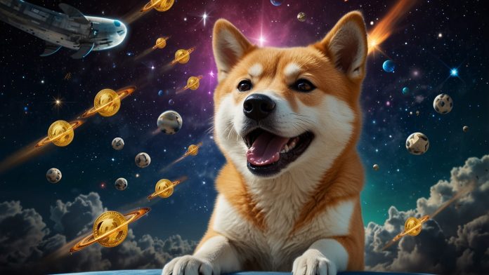 Dynamic digital artwork of a Shiba Inu dog astronaut rocketing upward with Dogecoin symbols and whale icons, illustrating the meme coin's predicted 40% price surge to $0.30 amid October 2025 accumulation.