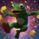 Energetic digital illustration of the Pepe frog leaping across Ethereum and XRPL blockchains with staking NFTs, symbolizing the 8% price surge and one-year anniversary celebrations on October 26, 2025.
