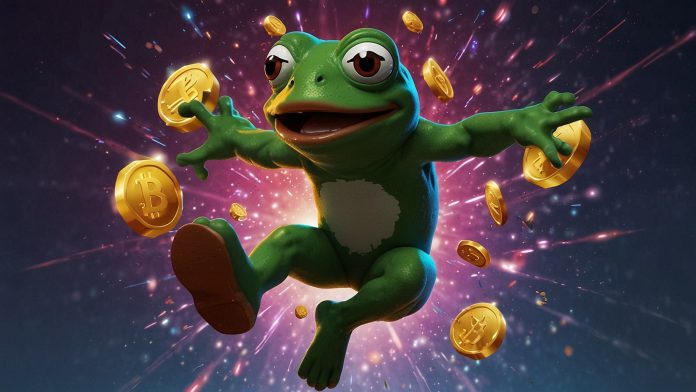 PEPE's XRPL Expansion Sparks 8% Rally to $0.00000792 on Birthday Milestone Energetic digital illustration of the Pepe frog leaping across Ethereum and XRPL blockchains with staking NFTs, symbolizing the 8% price surge and one-year anniversary celebrations on October 26, 2025.