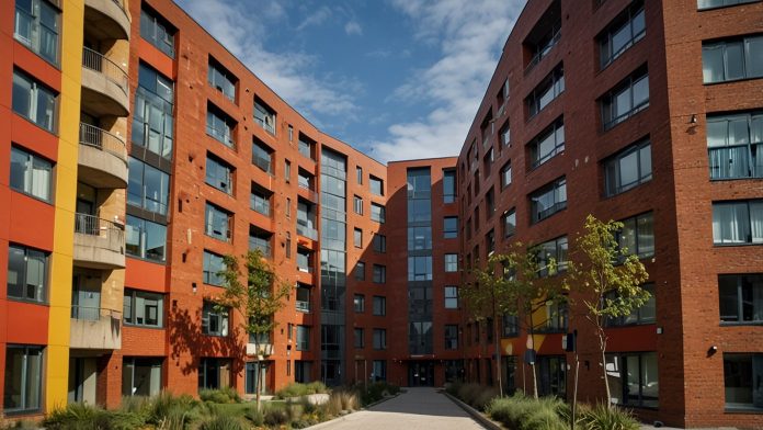 Exterior view of a modern Unite Group student accommodation building in Bristol, UK, featuring contemporary architecture and vibrant student signage.