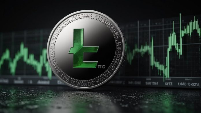 Litecoin (LTC) silver coin logo with upward green price chart breaking $99 amid ETF launch, privacy MWEB icons, and Nasdaq ticker for top crypto news.