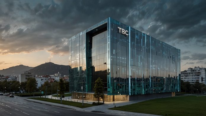 Modern glass-fronted headquarters of TBC Bank in Tbilisi, Georgia, showcasing sleek architecture and prominent branding.