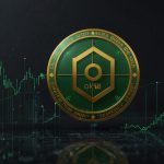 OKB cryptocurrency logo with stable green arrow at $156 price level on October 31, 2025, featuring OKX exchange ecosystem background and European regulatory icons