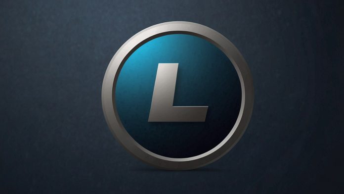 Silver and blue Litecoin logo with a stylized 